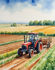 Fototapeta premium tractor on field watercolor drawing