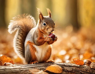 A squirrel holding a nut. Animals in the autumn forest. Wildlife background