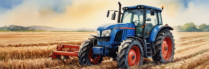 tractor on field watercolor drawing