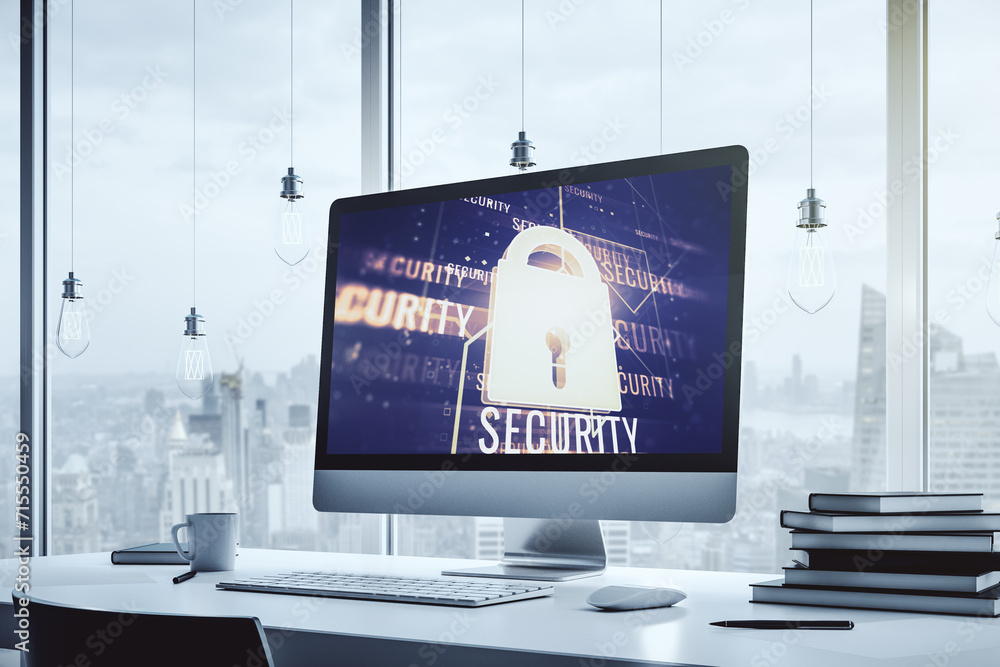 Poster Creative idea concept with lock symbol and microcircuit illustration on modern laptop screen. Protection and firewall concept. 3D Rendering