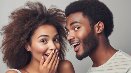 African american man wispering something to his woman's ear on neutral gray background scheming - obrazy, fototapety, plakaty