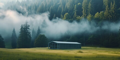 A Green Energy Storage System Surrounded By Misty Forest And Fresh Grassland. Сoncept Misty Forest, Fresh Grassland, Green Energy Storage System