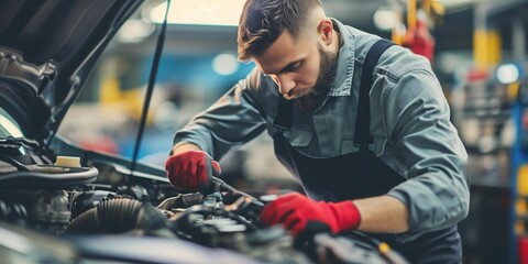 A Skilled Mechanic Hard At Work Fixing A Car In A Repair Shop. Сoncept Mechanic At Work, Car Repair, Skilled Technician, Auto Workshop, Fixing Vehicles