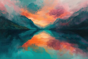 An abstract landscape that conveys the concept of a sunrise over a mountain lake with pink and orange clouds reflecting in the still, turquoise water - obrazy, fototapety, plakaty