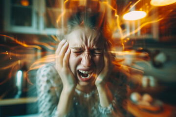 Multiple Exposure Portrait of a Screaming Woman Suffering from Depression at Home in the Kitchen. Mental Illness and Headache Concept.