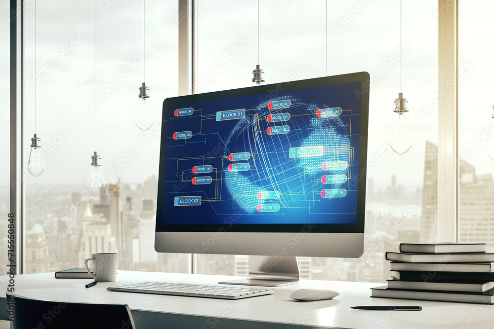 Aufkleber Modern computer display with abstract programming language hologram and world map, artificial intelligence and neural networks concept. 3D Rendering