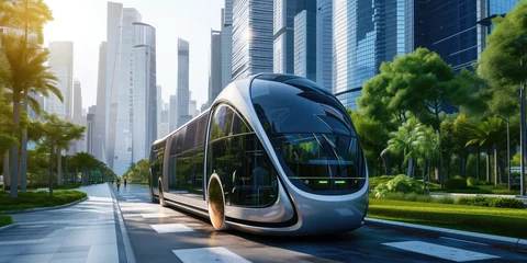Foto op Canvas An Ecofriendly Bus Glides Through Futuristic City Streets, Promoting Sustainable Urban Transport. Сoncept Sustainable Transport, Eco-Friendly Bus, Futuristic City, Urban Mobility, Green Transportation © Ян Заболотний