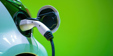 A Green Backdrop With An Electric Car Charging Cable Plugged Into A Charging Port. Сoncept Eco-Friendly Photoshoot, Sustainable Lifestyle, Green Energy, Electric Car Portraits