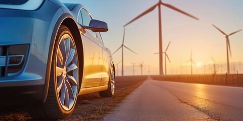 An Electric Car Glides Past A Wind Turbine Farm, Embracing Renewable Energy. Сoncept Renewable Energy Revolution, Electric Mobility, Wind Power, Sustainable Transportation, Clean Energy Transition - obrazy, fototapety, plakaty