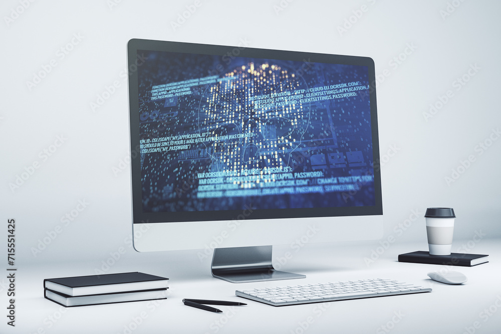 Wall mural Creative concept of code skull illustration on modern laptop screen. Hacking and phishing concept. 3D Rendering - Wall murals