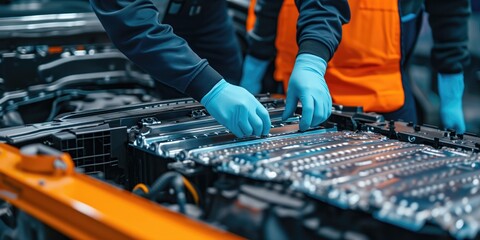 Intimate View Of Technician's Gloved Hands Engaging With An Exposed Lithium-Ion Ev Car Battery. Сoncept Macro Photography, Technology Progress, Electric Vehicles, Sustainable Energy, Behind-The-Scenes
