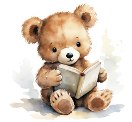 Teddy bear reading a book. Watercolor illustrations and white background.