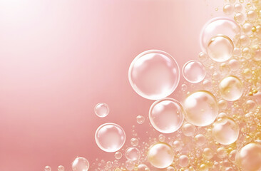 Gradient pink background with transparent bubbles and gold splashes and sparkles. Water, bubbles, soap bubbles. Copy space
