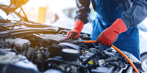 Mechanic Jumpstarts Car Using Jumper Cables To Fix Battery Problem. Сoncept Car Maintenance Tips, Jumper Cable Usage, Fixing Battery Issues, Diy Car Repair, Mechanic Skills