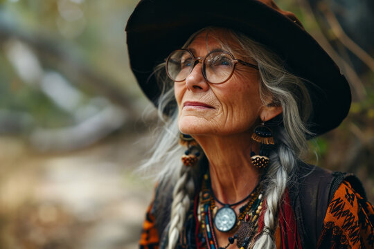 Portrait of old woman with gray braids and glasses, in a hat, wearing bright colored informal psychedelic clothes in gypsy or hippie style. Concepts: wisdom, freedom. active longevity, health, ethnic 