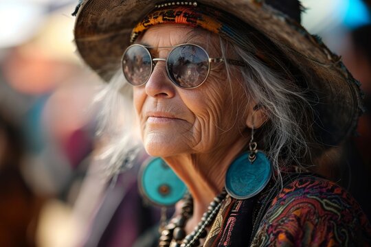 Portrait of old woman in a hat and sunglasses, wearing bright colored informal psychedelic clothes in gypsy or hippie style. Concepts: wisdom, freedom. active longevity, health, ethnic flavor