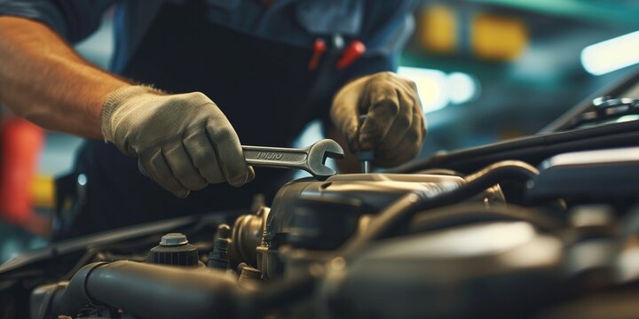 Fototapeta Mechanic Fixing A Car Engine With A Wrench In An Auto Repair Shop. Сoncept Vintage Car Restoration, Expert Mechanics, Classic Automotive Workshop, Precision Engine Repair, Skilled Auto Technicians