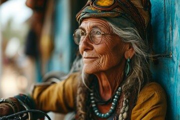 Portrait of old woman in a headband, with glasses, wearing bright colored informal psychedelic clothes in gypsy or hippie style. Concepts: wisdom, freedom. active longevity, health, ethnic flavor