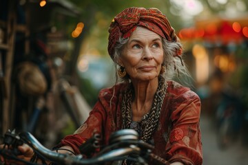 Portrait of elderly woman in a headband on a bike, wearing bright colored informal psychedelic clothes in gypsy or hippie style. Concepts: wisdom, freedom. active longevity, health, ethnic flavor