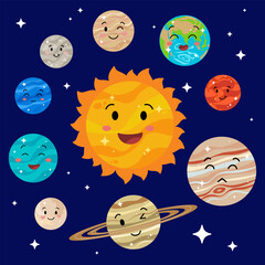 Cartoon planets. Solar system for kids. Galaxy. Mercury, Venus, Mars, Earth, Saturn, Uranus, Pluto, Jupiter, Neptune, Sun. Funny planets for children. Flat vector illustration. © Margarita