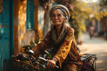 Portrait of old woman with glasses on a bike, wearing bright colored informal psychedelic clothes in gypsy or hippie style. Concepts: wisdom, freedom. active longevity, health, ethnic flavor