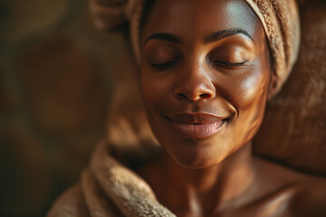 Self-care, spa salon, female beauty. Portrait of a pretty happy adult African American woman with closed eyes lying with a towel on her head and body, enjoying relaxation - obrazy, fototapety, plakaty