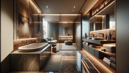 sophisticated and modern bathroom interior. The design focuses on luxury and contemporary style
