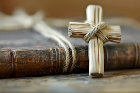 A religious cross made from dried palm leaves on a bible. Easter Palm Sunday concept