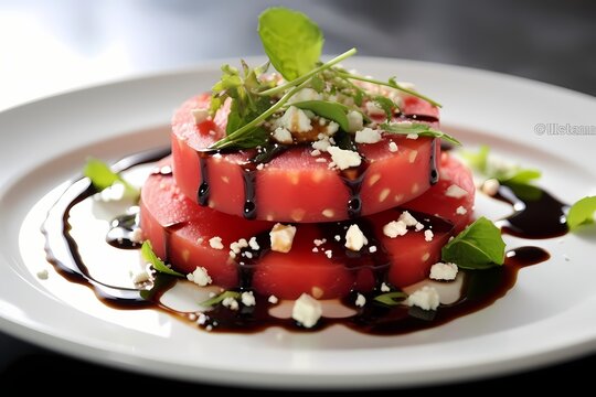 A crisp and refreshing watermelon salad, adorned with feta cheese crumbles and a drizzle of balsamic glaze.