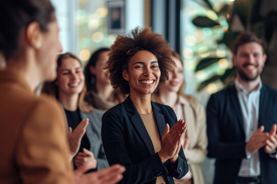 Smiling African American Woman Applauded by Colleagues