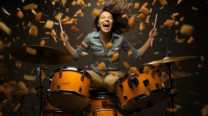 Fotobehang Photo of popular rocker redhair lady plays instruments beat raise hands drum sticks concert sound check repetition © alexkich