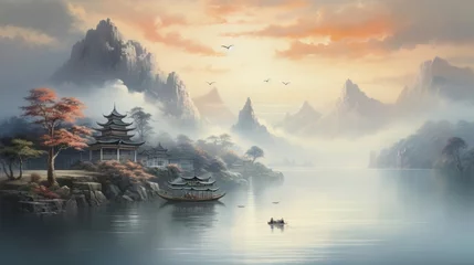 Fototapete Reflection Traditional Chinese landscape painting, featuring majestic mountains shrouded in mist and a serene lake reflecting the soft glow of a large setting sun