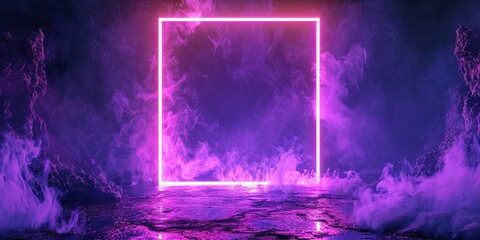 Ice Illuminated With Neon Purple Light Square On Dark Square Frame. Сoncept Nighttime Cityscape, Urban Neon Lights, Light Painting, Abstract Photography, Vibrant Nightscapes