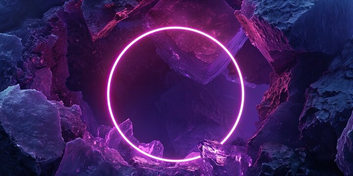 Glowing Neon Purple Light Ring Highlights Ice On Dark Round Frame. Сoncept Nighttime Winter Wonderland, Magical Ice Sculptures, Neon Glow Effects, Dark And Dreamy Photography, Spectacular Light Rings