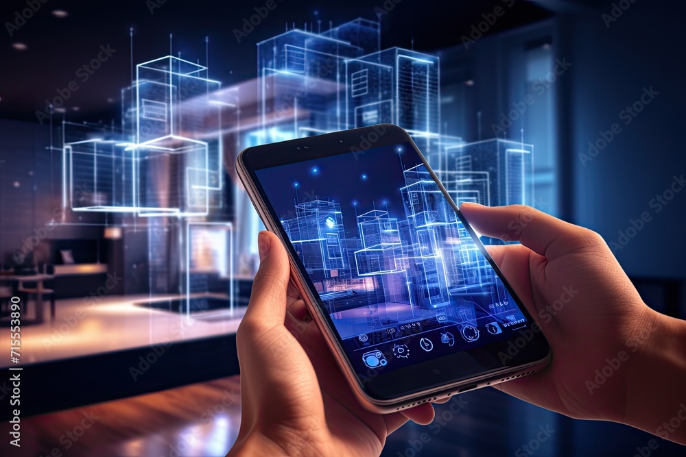 Poster smart home setup control from your phone or tablet. a modern living space equipped with smart home d