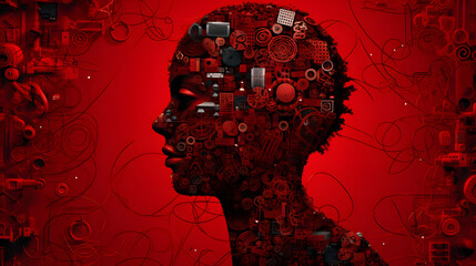 A person with a face full of red buttons in the style of technological symmetry