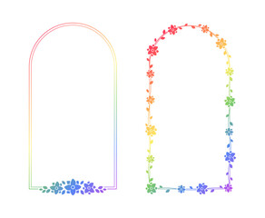 Rainbow floral arch frame template set. Pride Month Frame Border Design Element. Vector art with flowers and leaves.