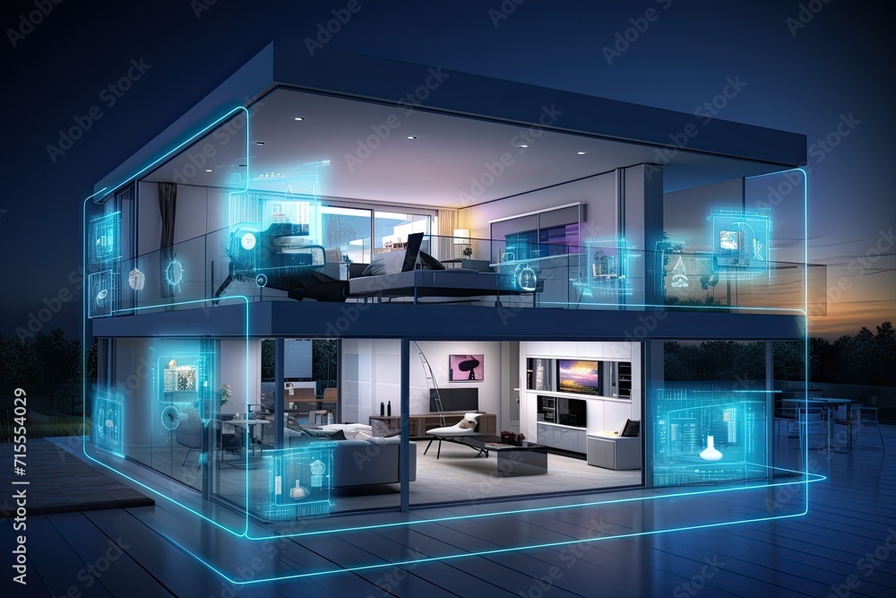 Poster smart home setup. a modern living space equipped with smart home devices like smart lights, tv and v