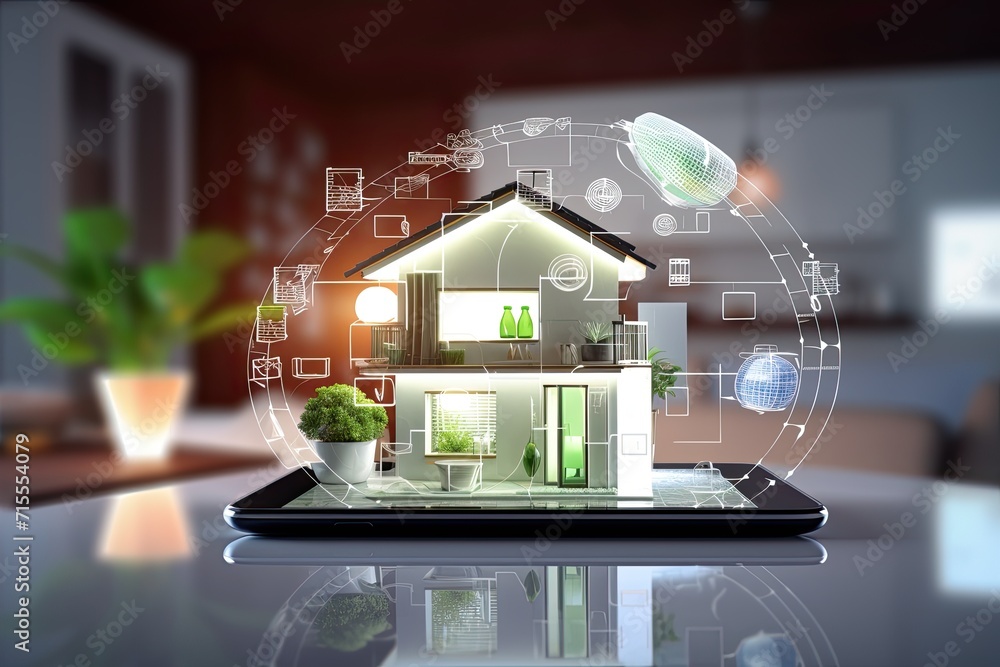 Poster smart home setup. a modern living space equipped with smart home devices like smart lights, tv and v
