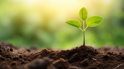 Fototapeta premium Young plants growing from the ground, Planting young plant seeds in the morning with nature background
