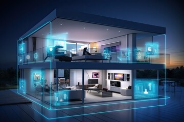 smart home setup. A modern living space equipped with smart home devices like smart lights, tv and voice - controlled assistants. Smart home interior with augmented reality. AI generative.