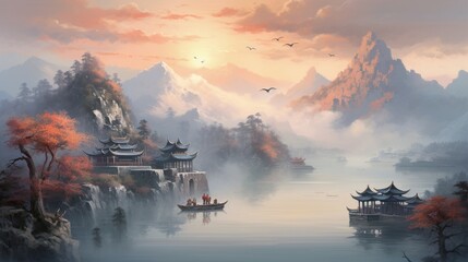 Traditional Chinese landscape painting, featuring majestic mountains shrouded in mist and a serene lake reflecting the soft glow of a large setting sun