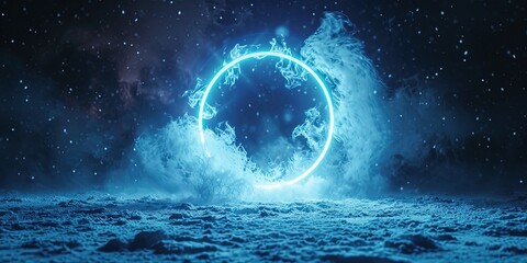Snow Illuminated With Neon Blue Light Ring On Dark Round Frame. Сoncept Winter Wonderland, Neon Nightlights, Magical Snowscapes, Enchanting Illumination, Dreamy Winter Portraits