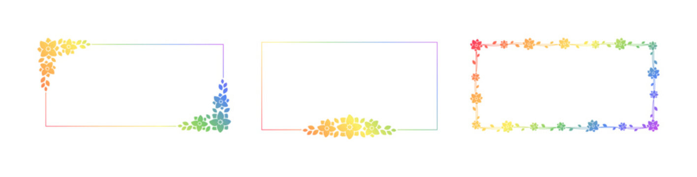 Rectangle rainbow floral frame template set. Pride Month Frame Border Design Element. Vector art with flowers and leaves.