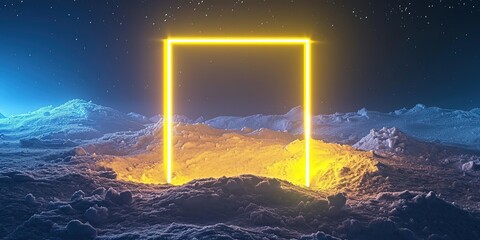 Snow Illuminated With Neon Yellow Light Square On Dark Square Frame. Сoncept Winter Wonderland, Neon Glow, Contrast Of Colors, Light And Dark, Artistic Composition