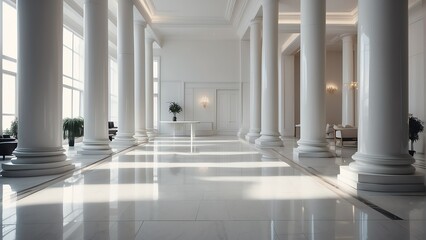 White interior of luxury lobby of modern hotel with clean shiny floor in hall and roman columns from Generative AI