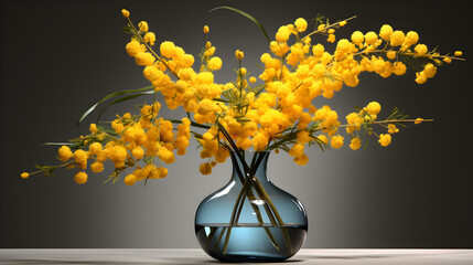 A bouquet of mimosa flowers arranged in a vase for a wedding or other special occasion created with,,
Bouquet of Mimosa flowers in blue vase on the windowsill next to the window.