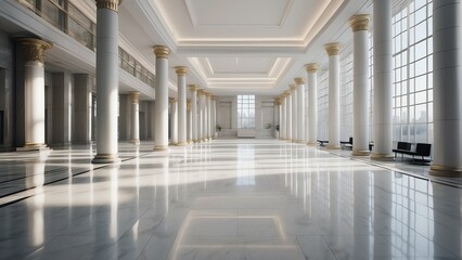 White interior of luxury lobby of modern commercial building with clean shiny floor in hall and roman columns from Generative AI