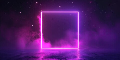 Stars Illuminated With Neon Purple Light Square On Dark Square Frame. Сoncept Nighttime Skyline, Neon Purple Glow, Square Frame, Illuminated Stars