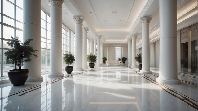 White interior of luxury lobby of modern commercial building with clean shiny floor in hall and roman columns from Generative AI